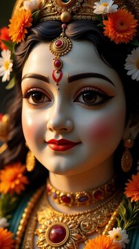 Captivating extreme close-up of a Radha Krishna murti's face, conveying devotion and serene beauty with a gentle, benevolent smile.