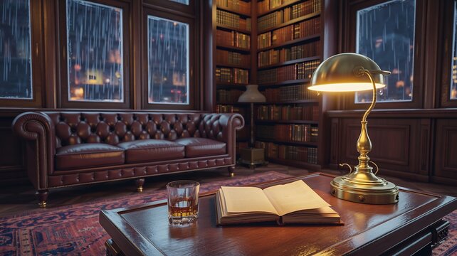 Cozy rainy day library reading room with leather sofa and open book on desk stock photo image