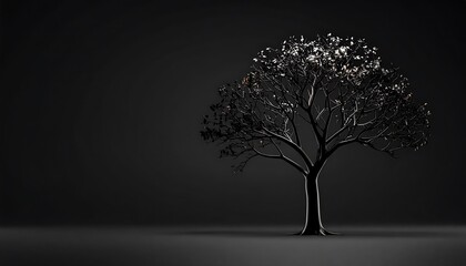A solitary, stylized tree against a dark backdrop