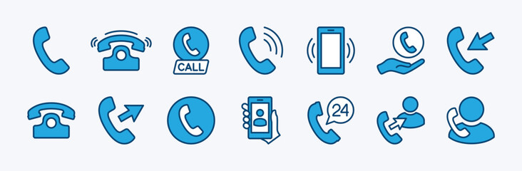 Set of mobile phone call icon. Contains contact button, ringing, incoming and outgoing calls, 24 hour office telephone service, landline, vibrating smartphone. Vector illustration