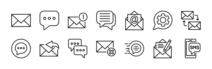 Naklejka na ściany i meble Chat message icon set. Contains speech bubble, conversation, dialogue text, email contact, reply, read, setting, delete, sent, write, sms button. Vector illustration