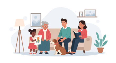 Happy multigenerational family relaxing at home with their dog. Perfect for family, home, and togetherness concepts.