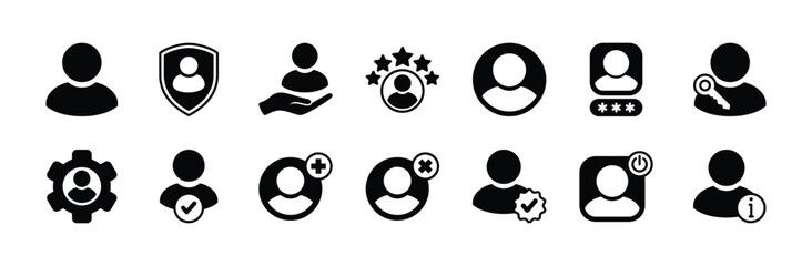 Account avatar profile photo icon vector set. Person, people, user, human. Security protection, login password key, official, setting, add button, delete, information, turn off, rating, privacy