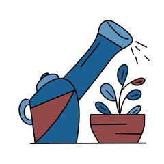 Watering Can and Potted Plant Flat Illustration
