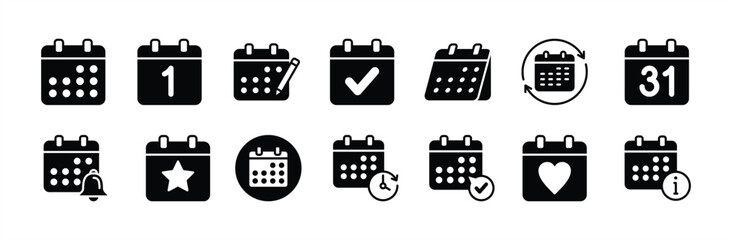 Calendar icon vector set. Contains schedule plan, appointment, agenda, reminder organizer event, notification, planner, information, deadline, season, binder, routine, date, month, year. Illustration