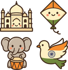 A set of colorful flat vector icons representing Indian Independence Day, including the national flag, Ashoka Chakra, traditional lamps, patriotic symbols, and cultural items. 