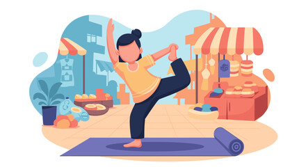 Woman practicing yoga outdoors near a market, perfect for wellness websites or brochures.