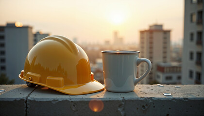 Hard hat with coffee cup on concrete surface with cityscape backdrop, a coffee break after work. Hard hat with coffee cup, symbol of rest and construction, highlights challenges and rewards of labor.