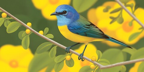 Obraz premium Colorful bird perched on a branch with yellow flowers in a natural artistic setting