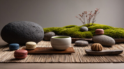 Zen Garden Matcha Ceremony with Macarons and Natural Stones