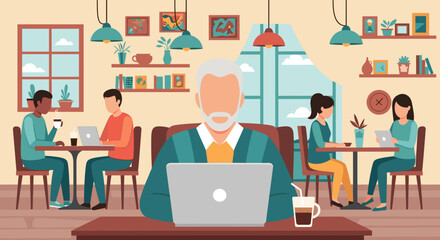 Diverse group of people working on laptops in a modern cafe, perfect for illustrating remote work, coworking, or a cafe culture.