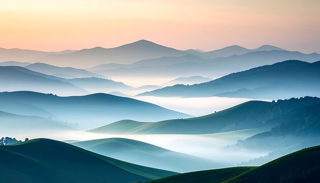 Misty mountain ranges meet a tranquil sunrise. Lush, rolling hills painted in shades of blue and green, are enveloped in a soft, hazy mist.  Sunrise paints the sky in pastel tones of peach and rose