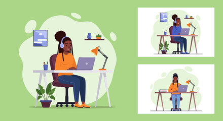 Woman working from home on laptop, perfect for remote work, freelance, and online business illustrations.