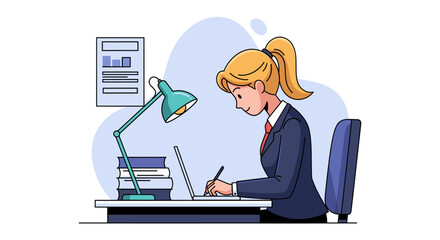 Businesswoman working on laptop, perfect for website banners, presentations, or brochures.