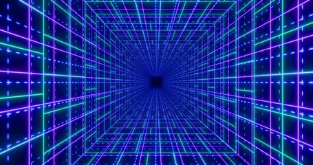 Futuristic glowing neon lines background. Shining geometric purple grid and lines inside corridor in perspective. Bright retro digital cyberspace. 3D rendering.