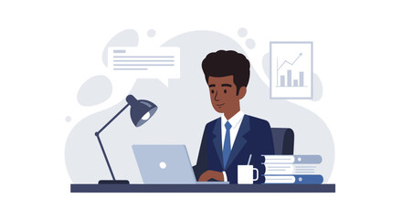 African American businessman working on laptop, perfect for business website or presentation.