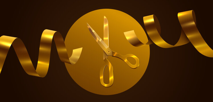 Grand Opening Event. Festive Ribbon Cutting Ceremony with Golden Scissors. Vector illustration