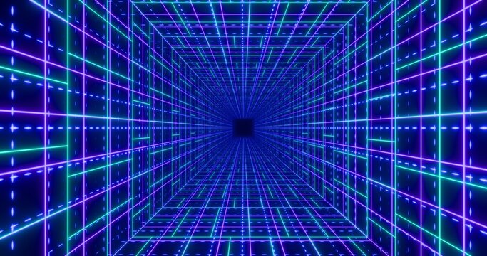 Futuristic glowing neon lines background. Shining geometric purple grid and lines inside corridor in perspective. Bright retro digital cyberspace. 3D rendering.