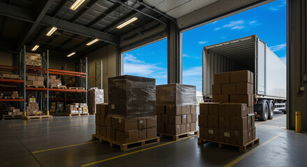 A large white truck container is parked at the open bay. In the foreground, pallets of cardboard boxes are staged for shipping. The industrial interior contrasts with the bright blue sky visible outsi