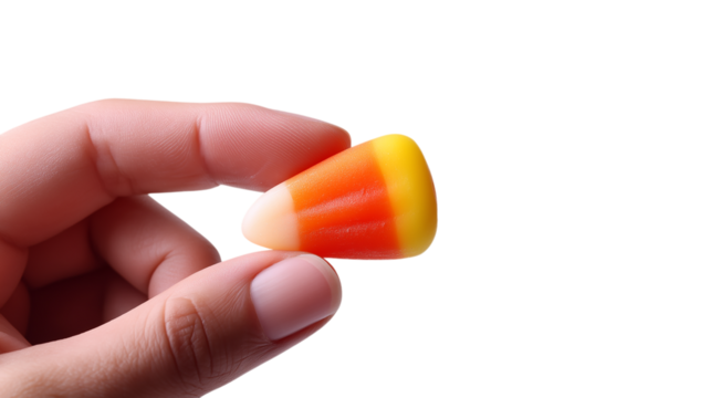 A hand holding a small orange and yellow candy cane