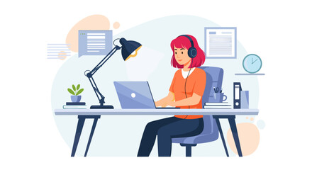 Young woman working from home on laptop, perfect for remote work, freelance, or online learning website.