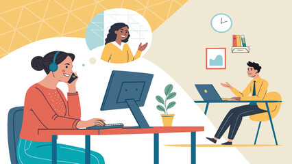 Diverse team collaborating remotely: Illustration ideal for websites, presentations, and brochures about teamwork and remote work.