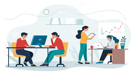 Teamwork in modern office. Illustration perfect for business presentations, websites, and reports.