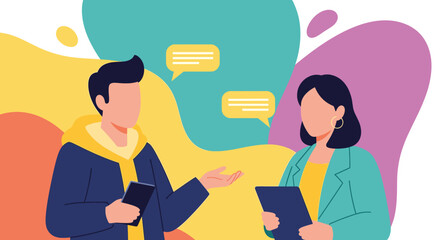 Two colleagues having a conversation, ideal for websites and presentations on communication and teamwork.