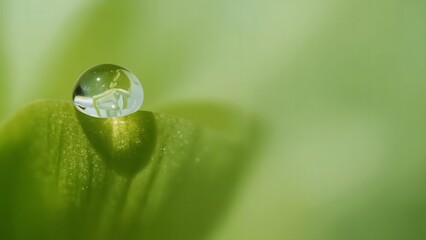Macro shot of vibrant green flower petal with glistening water droplet, soft bokeh, natural light and serene detail.