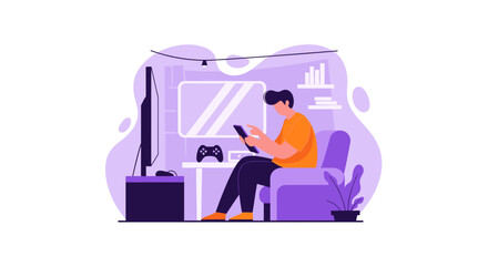 Man playing video games on tablet at home. Illustration perfect for blogs, websites, and articles about gaming.