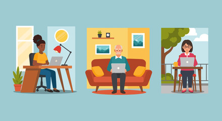 Diverse people working remotely from home and outdoors, perfect for illustrating work-life balance or telecommuting.