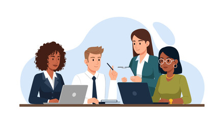 Diverse business team collaborating on project, ideal for website banners or presentations.