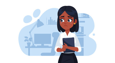 Sad Businesswoman Crying at Desk - Illustration for articles about workplace stress, burnout, or mental health.
