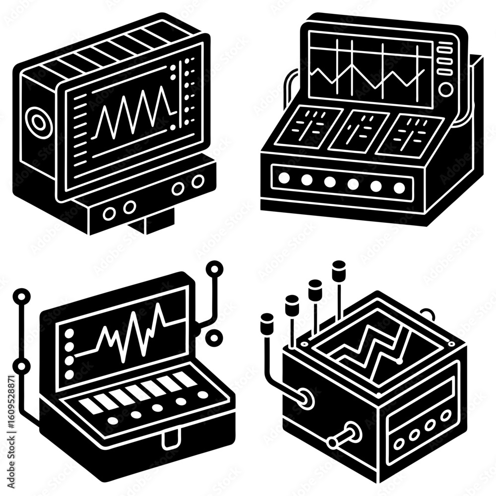 Poster isometric illustration of various electronic monitoring devices displaying waveform data on their sc