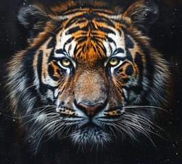 close up of a tiger, piercing and wild look, vivid color style