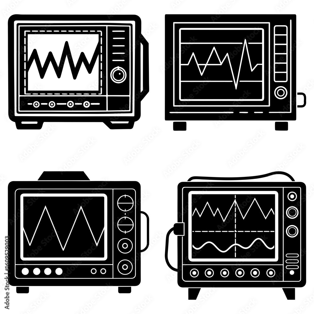 Poster illustration of four oscilloscopes displaying waveforms in a black and white vector graphic style