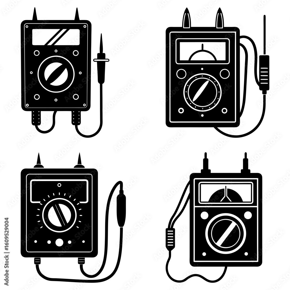Poster illustration of four different analog multimeters with various styles and probe configurations shown