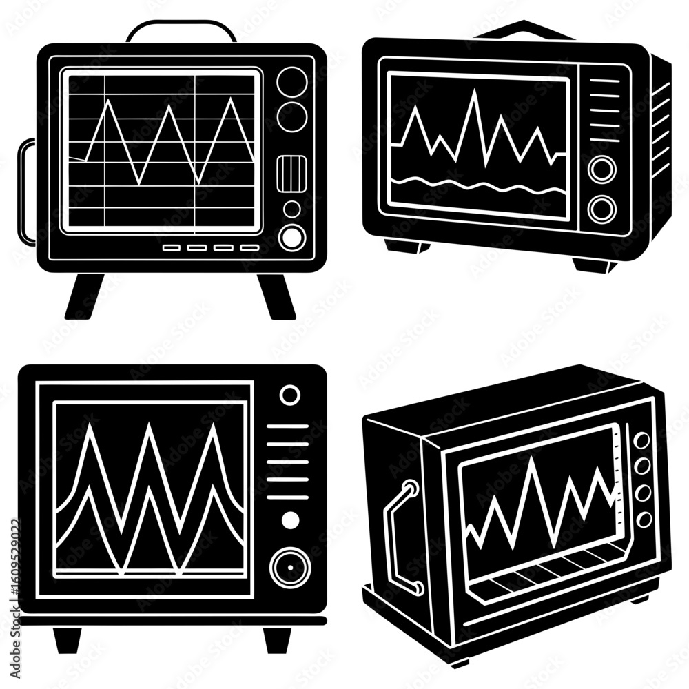 Poster four oscilloscopes displaying waveforms in black and white technical illustration style design vecto