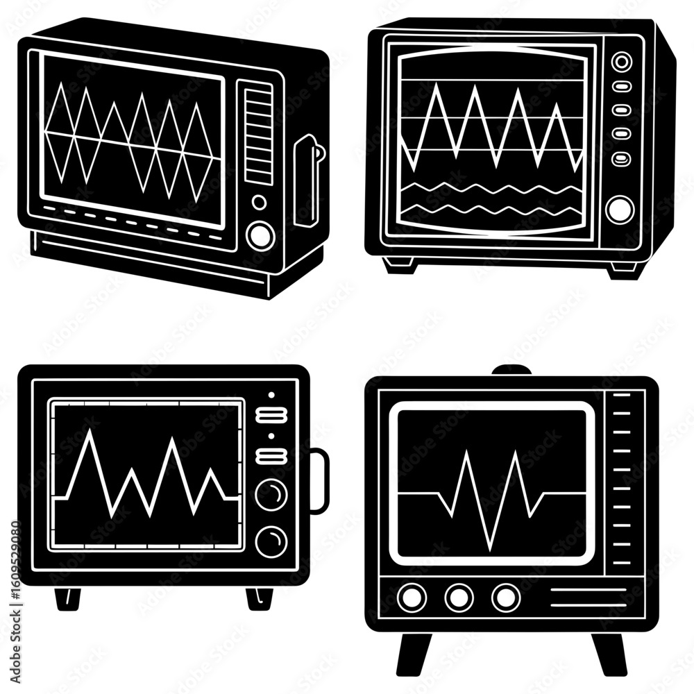 Aufkleber illustration of four oscilloscopes displaying waveforms in a black and white design concept style