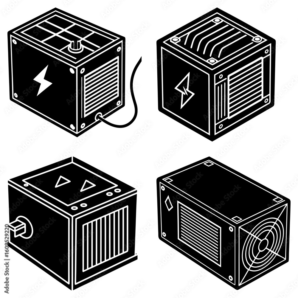 Poster isometric view of four black boxes with different designs and details in a simple vector style