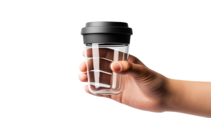 A hand holding a clear cup with a lid