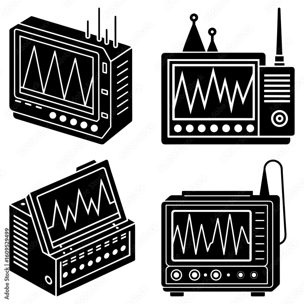 Poster illustration of four oscilloscopes displaying waveforms in black and white vector graphic style