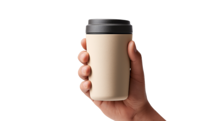 A hand holding a white coffee cup with a black lid