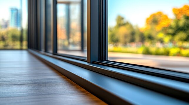 Fototapeta Modern window frame with city park view