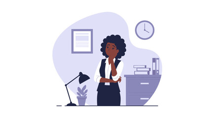 Thoughtful businesswoman in office setting; perfect for websites, articles about stress, or work-life balance.