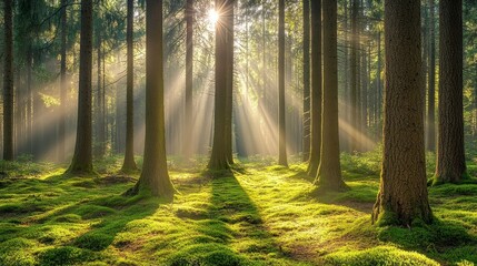 Obraz premium A bright spring morning finds a forest of green trees illuminated by warm sunlight