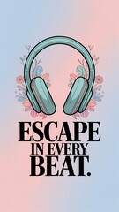 Minimalist walpaper design of a wireless headphones surrounded by delicate floral accents, dreamy background, with elegant typography "Escape In Every Beat"