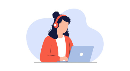 Woman with headphones working on laptop, perfect for websites, blogs, and presentations about remote work or online learning.