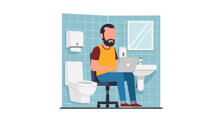 Man working on laptop in a restroom - perfect for articles about remote work, work-life balance, or unusual workspaces.