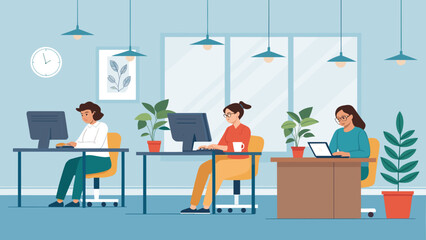 Three women working at desks in a modern office, perfect for websites or brochures about teamwork and productivity.